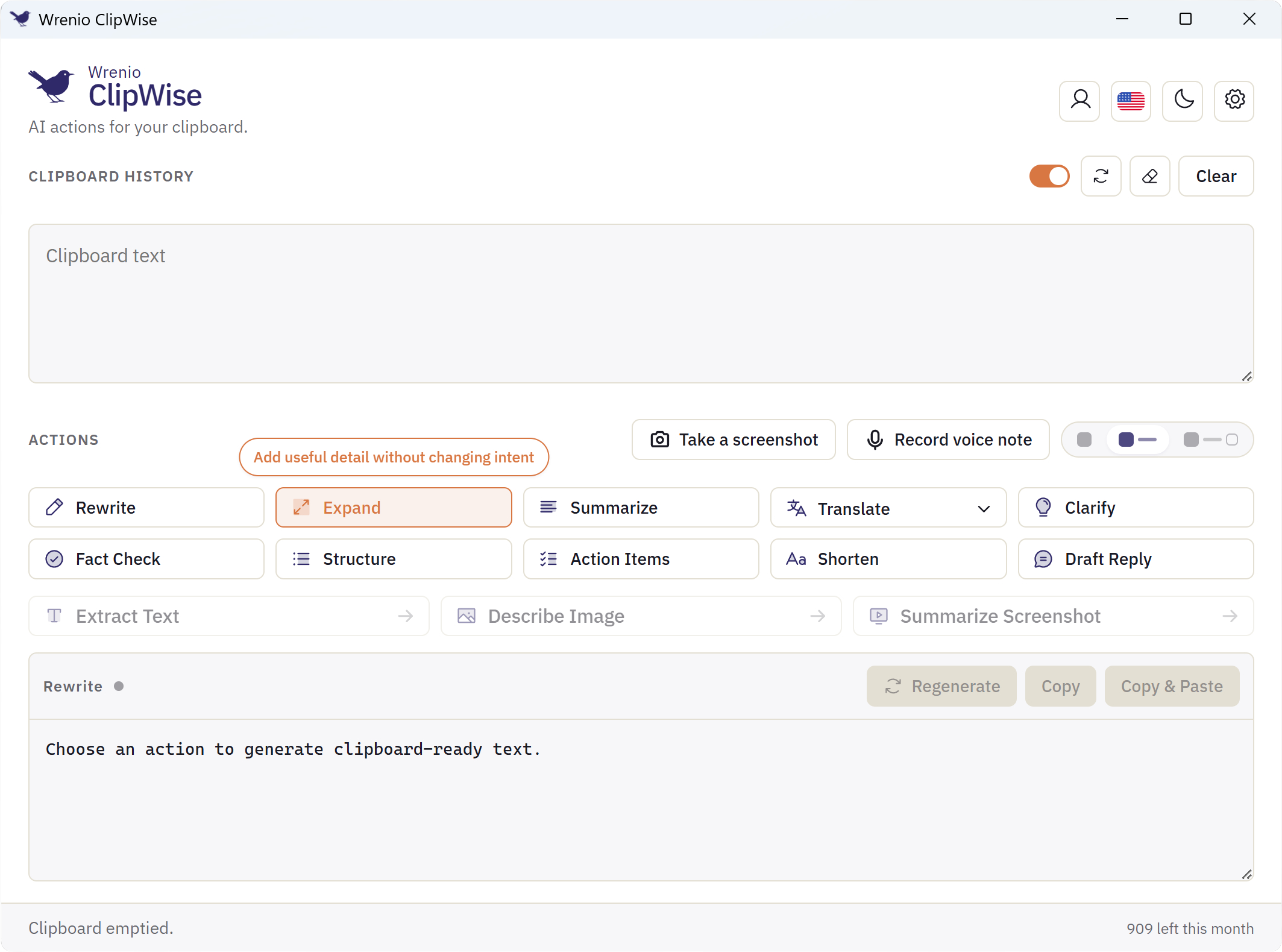 Wrenio ClipWise app — clipboard history and one-click AI actions