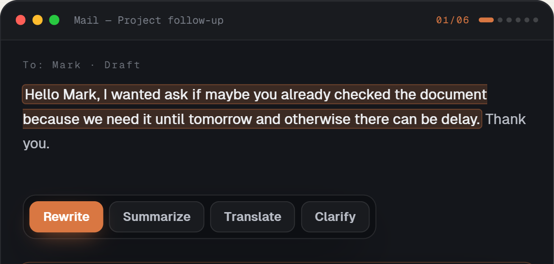 ClipWise demo — a copied email draft rewritten into a clear message